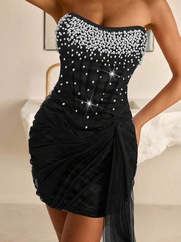 Vowa Elegant Light Purple Strapless Mesh Sheer Corset Top With Boned Trim, Intricate Beaded Hem, Asymmetric Ruched Mesh Skirt, Bodycon Fit, Adjustable Back Tie, Suitable For Dates, Vacations, Birthdays, Graduations, Weddings, Cocktail Parties