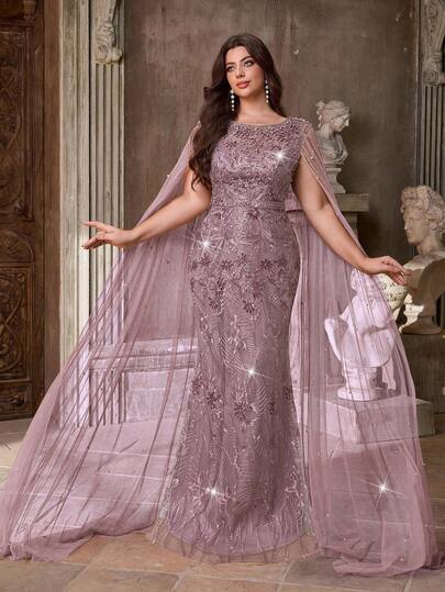 Aureia Plus Size Elegant Romantic Champagne Gold Luxury Boat Neck Luxury Beaded Sequins Sequins Decor Mesh Flare Sleeve Mermaid Hem Formal Evening Gown