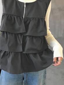 FRIFUL Women's Solid Color Zipper Collar Layered Ruffle Hem Vest Regular Jacket, Autumn Women Coats - Dark Grey - View 5