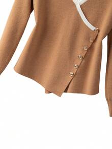 Franclia Suéter de cuello polo de manga larga con color de contraste elegante y minimalista, adecuado para otoño/invierno - Caqui - Ver 4