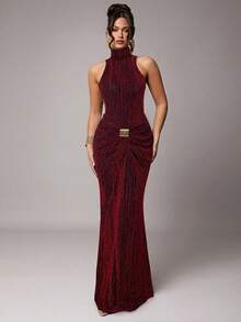 Silquee 女士优雅派对长袖性感高领露背连衣裙，带金属扣装饰 - 酒紅色 - 查看 5