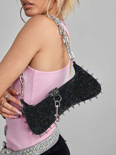 Grunge Punk Women's Punk Edge Studded Shoulder Bag With Acrylic Chain Straps - Urban Streetwear Style Purse For Everyday Use