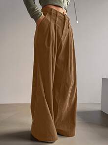 DAZY Women's Solid Color Pleated Pocket Wide Leg Loose Casual Pants - Coffee Brown - View 3