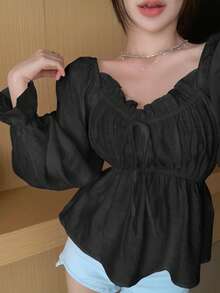 DAZY Women's Off-Shoulder Long Sleeve Ruffle Trim Bell Sleeve Patchwork Black Blouse, Suitable For Autumn, Spring And Summer - Black - View 5