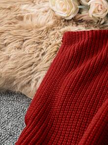 SHEIN LUNE 大码女式纯色针织蝙蝠袖立领休闲套头毛衣，酒红色，秋冬 - 紅色 - 查看 3