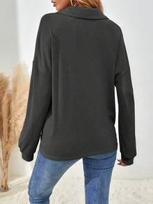 EMERY ROSE Women's Solid Color Minimalist Button Decor Long Sleeve T-Shirt, Everyday Wear - Dark Grey - View 2