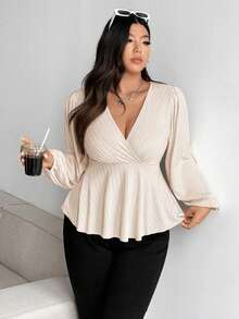 Vionelle Plus Size V-Neck Ruffle Puff Sleeve Long Sleeve Textured Knit Cropped Hem Casual T-Shirt For Women, Apricot - Apricot - View 6