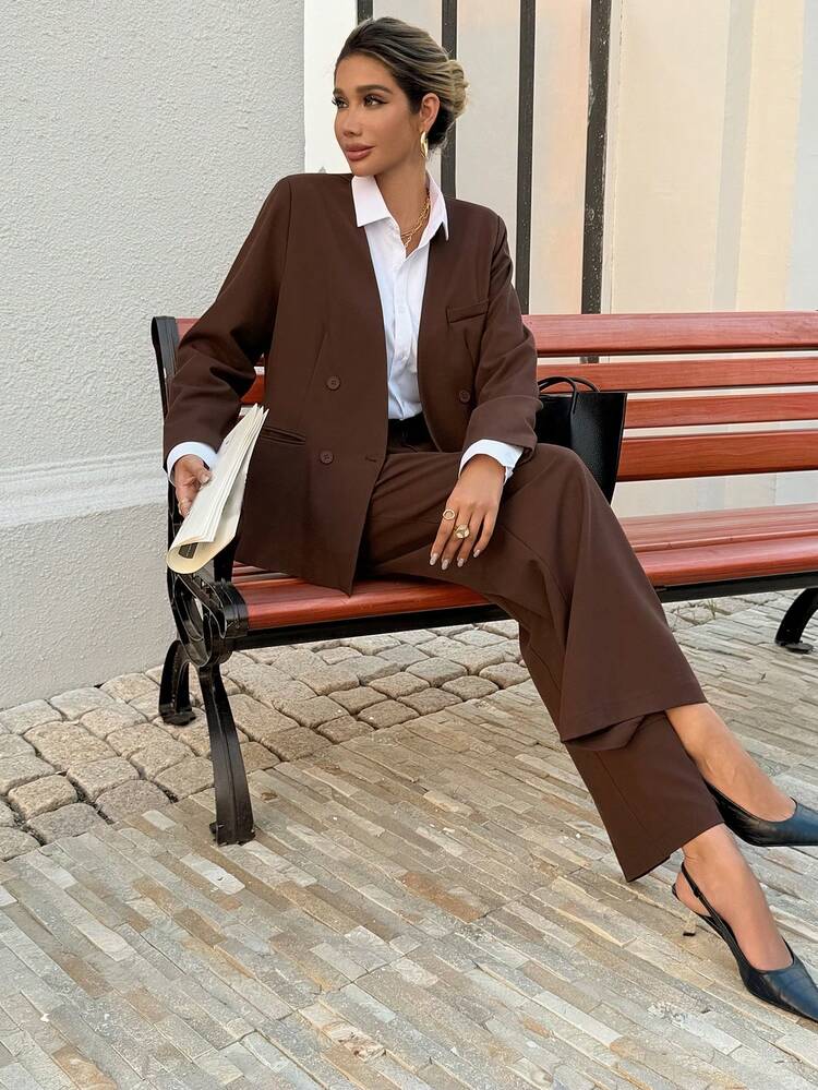 Women's Solid Color Blazer And Pants Suit, Formal Workwear Business Attire
