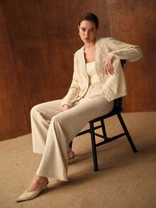 MOTF PREMIUM SOLID GUIPURE LACE PANEL FAUX PEARLS PLACKET CARDIGAN - Apricot - View 7