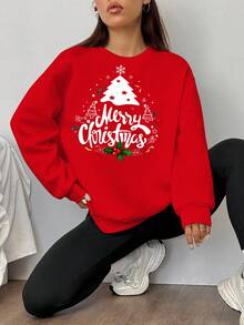 SHEIN EZwear 2pcs/Set Loose Crew Neck Sweatshirt And Skinny Leggings Pants Christmas Graphic Red - Multicolor - View 3