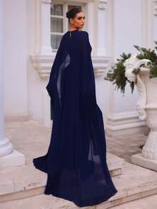 Glamrae Váy voan organza xếp ly họa tiết dệt thanh lịch, tay dài, dáng ôm, gấu thẳng, thích hợp mặc trong đám cưới, dạ hội, sự kiện, tiệc, công sở, váy khách mời hòa nhạc, váy dạ hội, váy trang trọng, áo choàng - Màu xanh hải quân - Xem 2