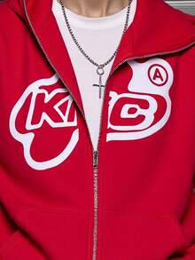 Manfinity Dauomo Y2K风格男士拉链连帽夹克，街头风字母印花短款连帽衫，秋冬款 - 紅色 - 查看 4