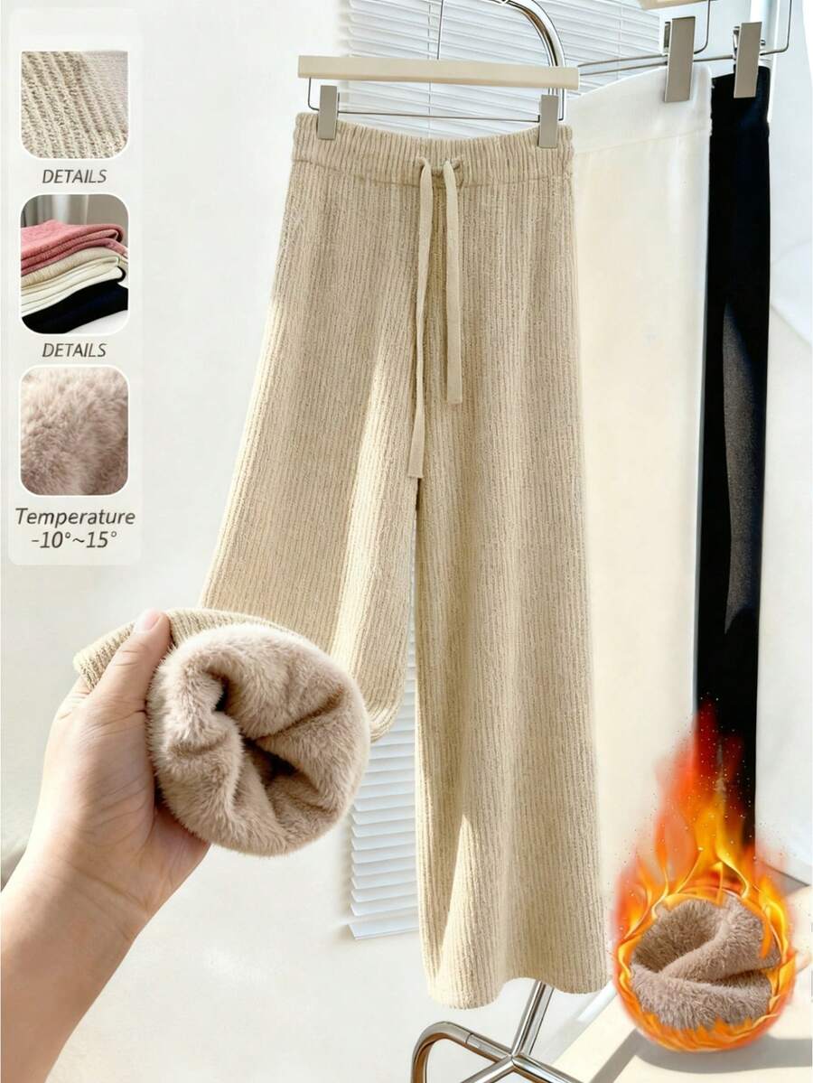 Franclia Women's Casual Thermal Lined Drawstring Sweatpants, Autumn/Winter - Khaki - View 1