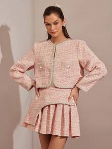 Enchnt 秋冬浪漫女士粉色花式纱线粗花呢仿珍珠装饰长袖公主外套，别致优雅时尚，适合派对、约会、节日、毕业典礼、外出、万圣节、圣诞节、秋季、新年等场合。 - 淺粉色 - 查看 6