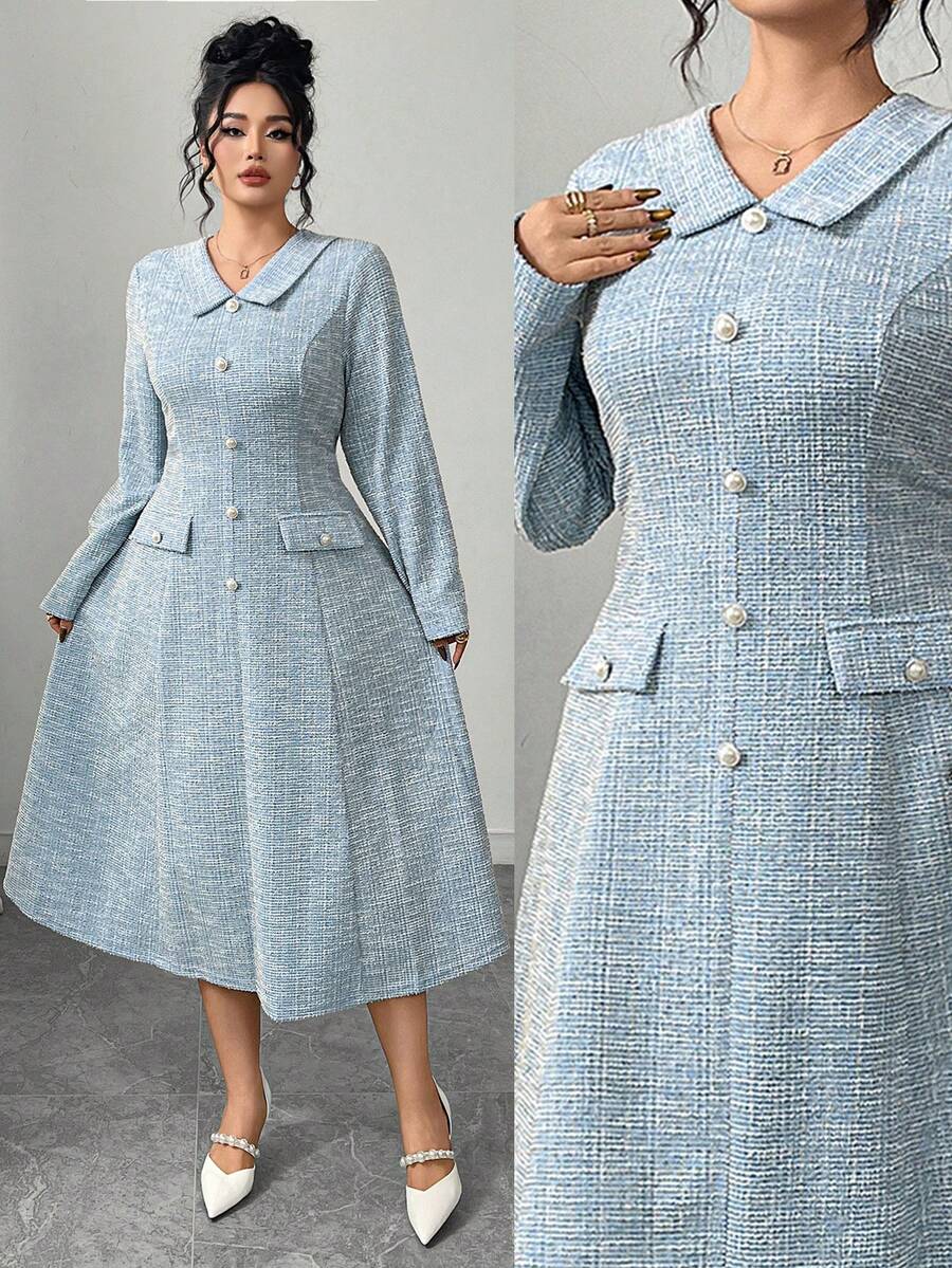 Elenzga Robe longue à manches longues, taille A, avec boutons de perle décoratifs sur le col et la taille, pour femmes de grande taille, élégante pour les fêtes, le thé de l'après-midi ou le Nouvel An