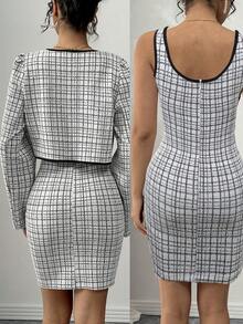 Rafferiza 法式圆领黑白撞色毛圈布短外套 & 无袖后拉链黑色纽扣装饰迷你连衣裙 2 件套，秋冬 - 黑與白 - 查看 2