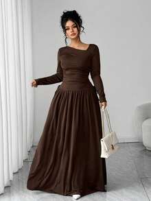 Elenzga Đầm maxi thanh lịch dáng ôm dáng, cổ chéo tay dài, xếp ly, thiết kế nơ, dáng chữ A, eo thon, cỡ lớn dành cho nữ, mùa thu/đông - màu nâu - Xem 6