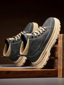 Botas de montaña para hombre, Botas Hombre uso Rudo Altas de Moda, Botas vaqueras alta para hombre, Bota Casual para Caballero Corte Vacuno Suela de Hule, estilo británico, sin forro, talla grande, de cuero, botas de trabajo casuales, con aumento de altura, adecuadas para todas las estaciones. - Gris Oscuro - Ver 4