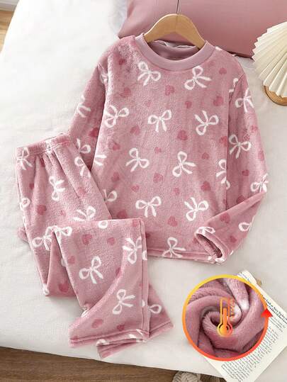 Genkimix Kids 2 件套女童蝴蝶结和心形印花羊毛长袖上衣和裤子休闲舒适睡衣套装