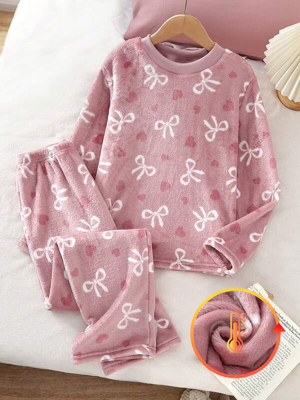 Set de pijamale confortabile din fleece cu mânecă lungă și pantaloni, cu imprimeu de fundă și inimă, 2 buc.