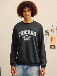 Open Phase 男士花卉字体复古美式圆领卫衣 | 芝加哥字母印花 | 休闲街头风，秋冬春夏皆宜 - 深灰色 - 查看 2