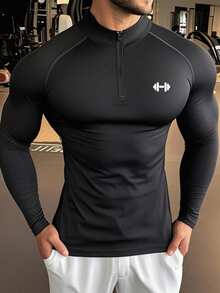 Manfinity Sport PWRUP Men's Barbell Print Raglan Long Sleeve Zip-Up Half Placket Slim Fit Athletic T-Shirt Gym Tops Men Mens Compression Tops Tight Gym Shirt Turtle Neck Compression Shirt Gym Long Sleeve Tops