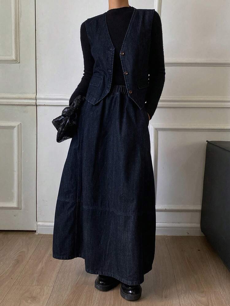 Women's V-Neck Sleeveless Cardigan And Long Cocoon Denim Skirt Casual Vacation Outfit