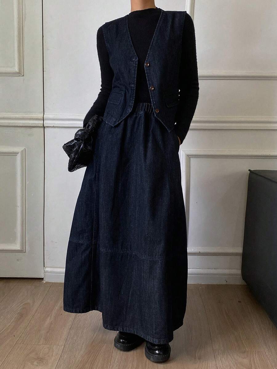 DAZY Women's V-Neck Sleeveless Cardigan And Long Cocoon Denim Skirt Casual Vacation Outfit - Dark Wash - View 1