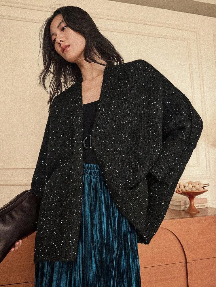 Women's Elegant Casual Black Heavy-Knit Cardigan Sweater, Autumn/Winter