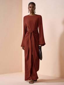 Zivah Phong cách mới mùa hè và đầu thu 2025, Thích hợp cho tiệc sinh nhật, mùa tốt nghiệp, đi chơi hàng ngày, Đa năng, kỳ nghỉ bình thường, du lịch du thuyền, tắm nắng trên bãi biển và bờ biển, Sản phẩm nổi tiếng trực tuyến, Bình thường và thanh lịch, tiệc đi làm, Cổ tròn, Tay dài, Cổ tay áo loe, Thiết kế thắt eo, Đầm dài siêu ôm, Đầm dài màu nâu dành cho nữ -A - Màu nâu Mocha - Xem 6