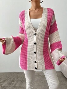 EURMUSE Colorblock Button-up Cardigan - Pink - View 5