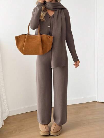 SHEIN LUNE 2pcs Women Casual Scarf, Long Sleeve Top And Pants Set Brown Two Piece Set Brown Knit Set Casual Two Piece Set Elegant Two Piece Set Comfortable Two Piece Set Two Piece Pant Set Knit Two Piece Set Fall Clothes For Women Sweaters For Women Winter Clothes For Women Two Piece Set Women Brown