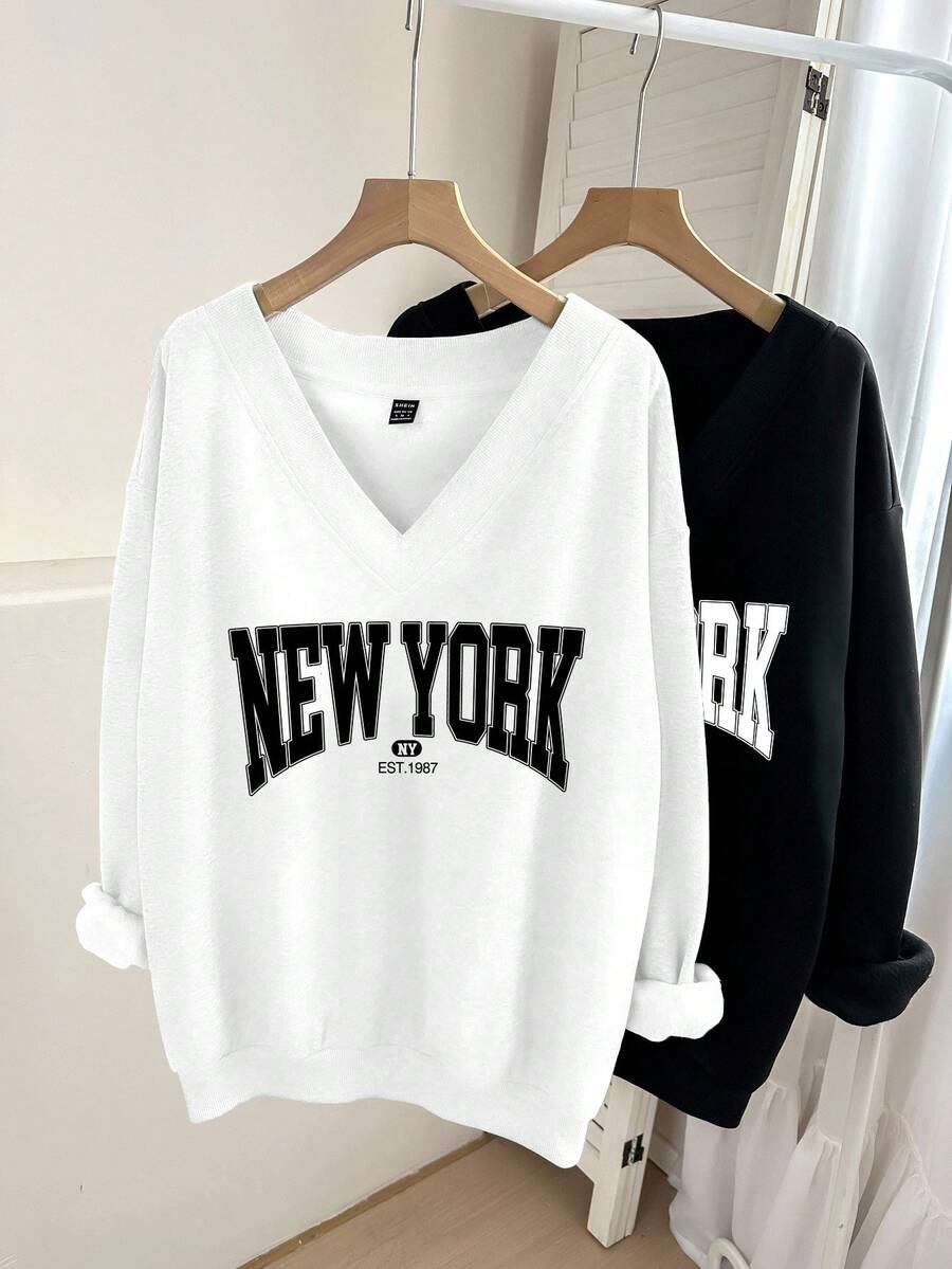 EMERY ROSE 2pcs/Set Plus Size V-Neck Loose Fit Sweatshirt, Suitable For Autumn/Winter Graphic - Multicolor - View 1
