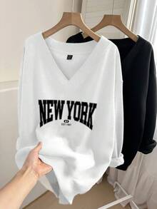 EMERY ROSE 2pcs/Set Plus Size V-Neck Loose Fit Sweatshirt, Suitable For Autumn/Winter Graphic - Multicolor - View 5