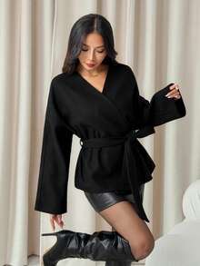 SHEIN PETITE 系带大衣，秋冬简约时尚休闲日常 - 黑色 - 查看 3
