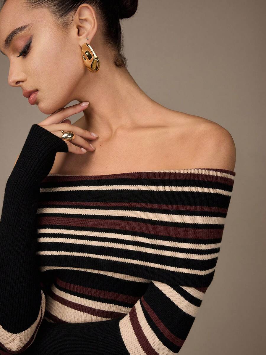 Modelyn Women's Striped V-Neck Off-Shoulder Knitted Sweater Dress - Multicolor - View 1