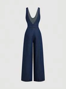 SHEIN MOD Plus Size Navy Blue Denim Jumpsuit,Sleeveless Form-Fitting Wide Leg Pants Summer Smart Casual Outfits For Women,Concert Ibiza Overalls Airport Outfit - Dark Wash - View 2