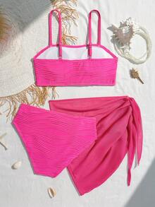 SHEIN 青少年女孩夏季海滩度假贝壳和海星编织肩带比基尼套装 - 玫紅色 - 查看 2