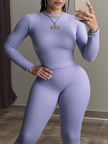 INAWLY Áo thun dệt kim gân trơn và quần legging cho mùa xuân và mùa thu, bộ đồ hai mảnh dành cho nữ - Màu tím - Xem 2