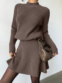 Elenzga Women Loose Casual Round Neck Textured Top And Pleated Skirt 2 Pieces Set - Camel - View 6