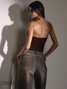 MUSERA PU拉链前系带修身束身胸衣上衣，适合秋季可爱乡村西部风情夜生活、性感假日派对、春夏节日 - 巧克力棕 - 查看 2