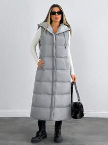 EURMUSE Sleeveless Long Hooded Padded Coat, Solid Color, Winter - Grey - View 5