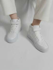 Tenis para hombre de piel sintética transpirable corte alto con punta redonda, agujeta, suela gruesa estilo urbano para diario y moda - Blanco - Ver 3