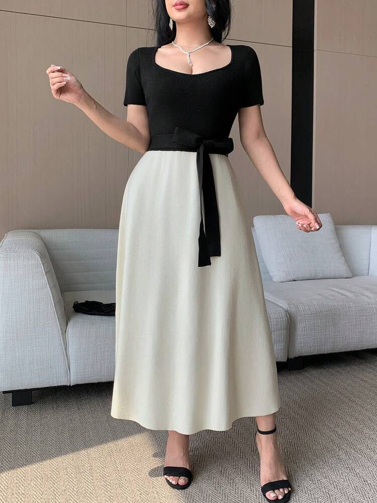 Women's Colorblock Patchwork Elegant Long Knit Sweater Dress, Short Sleeve