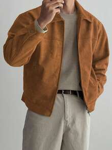 DAZY 男式纯棕色绒面羊毛夹克和外套，秋冬 - 棕色 - 查看 3