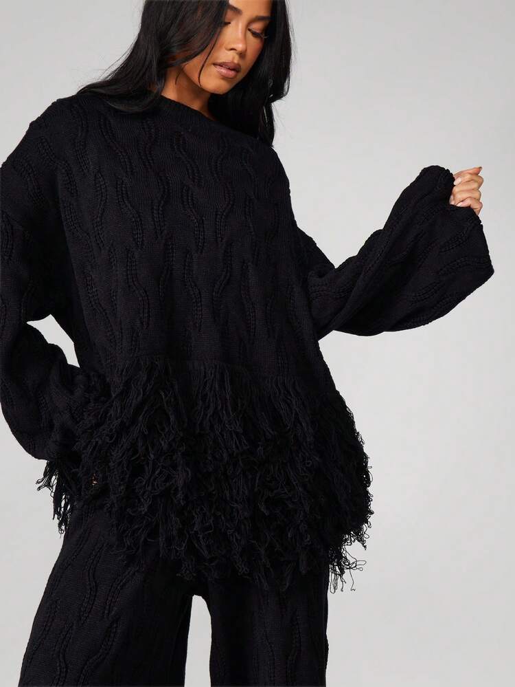 MISSGUIDED Oversized Cable Knit Sweater With Fringe Hem Detail Long Sleeve Chunky Pullover Jumper Fall Winter