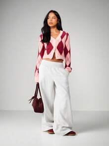 MISSGUIDED Cárdigan con cuello en V con botones y patrón de argyle tejido esponjoso para otoño e invierno - Multicolor - Ver 3