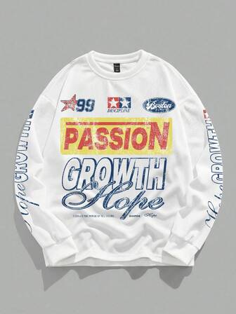 Sudadera de cuello redondo con estampado de letra y pentagrama de manga larga tipo waffle para hombre