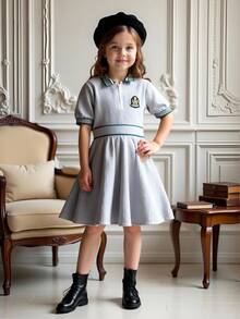 SHEIN 1pc Young Girls Elegant Princess Sage Green Summer School Style Grey Ribbed Knit Polo Dress,Back-To-School Birthday Short Sleeve Grey Striped Dress - Grey - View 7