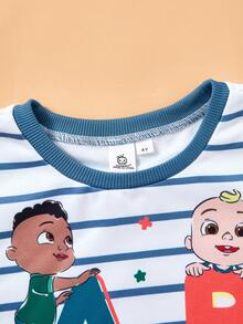 CoComelon X SHEIN 2 件套小男孩卡通人物条纹印花圆领运动衫和字母图案长款慢跑裤，休闲针织装 - 藍色 - 查看 5